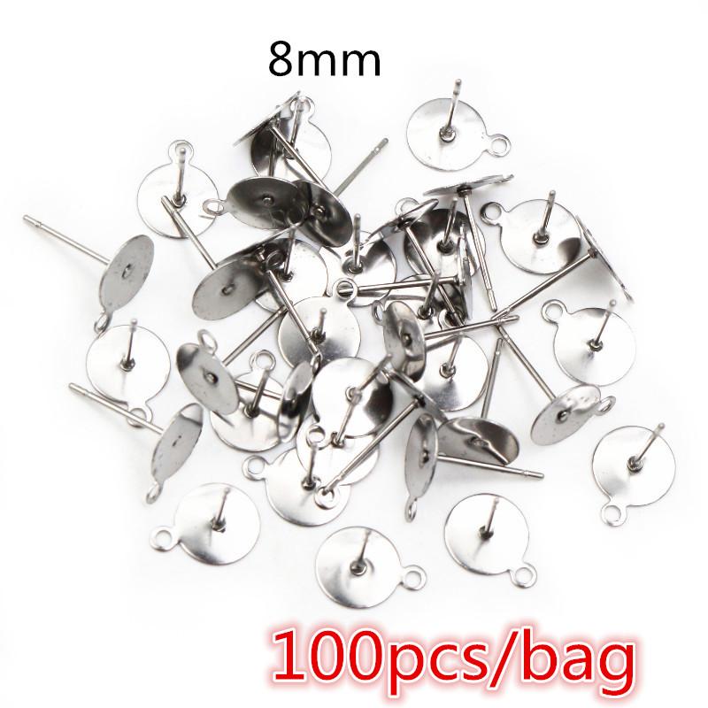 50-100pcs/lot No Fade Stainless Steel Gold Color Blank Earring Stud Fit 4 5 6 8 10 12mm Cabochon Cameo Settings Accessories DIY