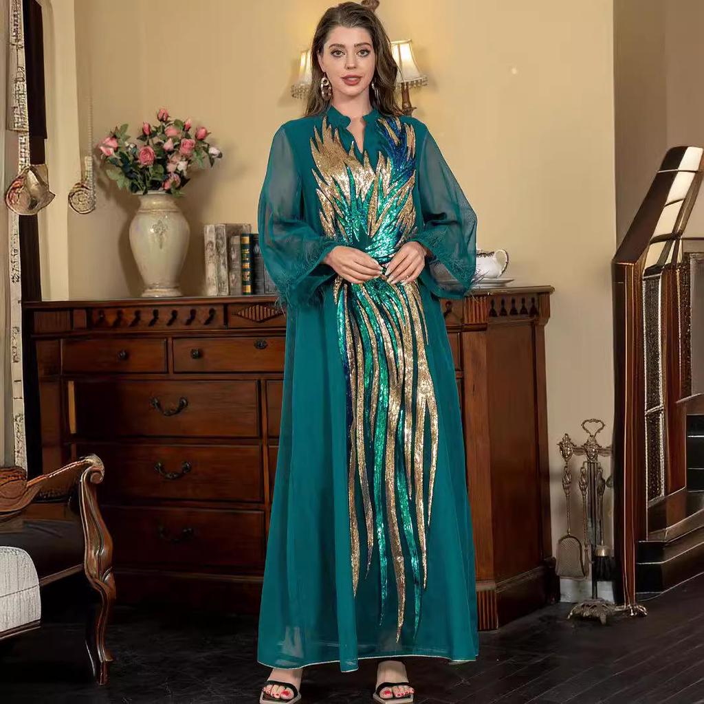 SW008 V-Neck Long Sleeve Muslim Abaya with Ostrich Feather and Sequin Embellishments