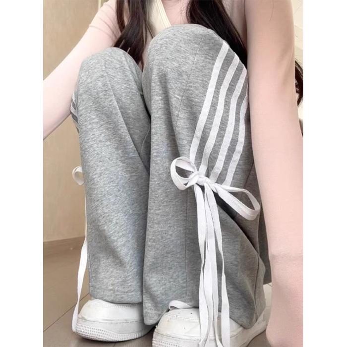 Women's Black Wide-Leg Sports Pants with Bow Design - Early Spring Casual, Loose Fit