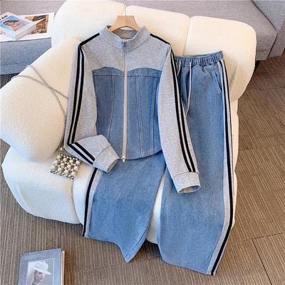 Set in Denim Patchwork a Contrasto Stile Preppy da Donna Giacche Cappotti con Zip Collo Alto Jeans Elasticizzati Tuta 2 Pezzi Streetwear Comfort