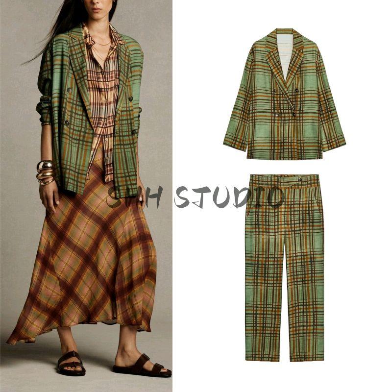 Autumn New Plaid Draping Effect Blazers 8383032 Mid-Waist Cropped Flared Trousers 8355032