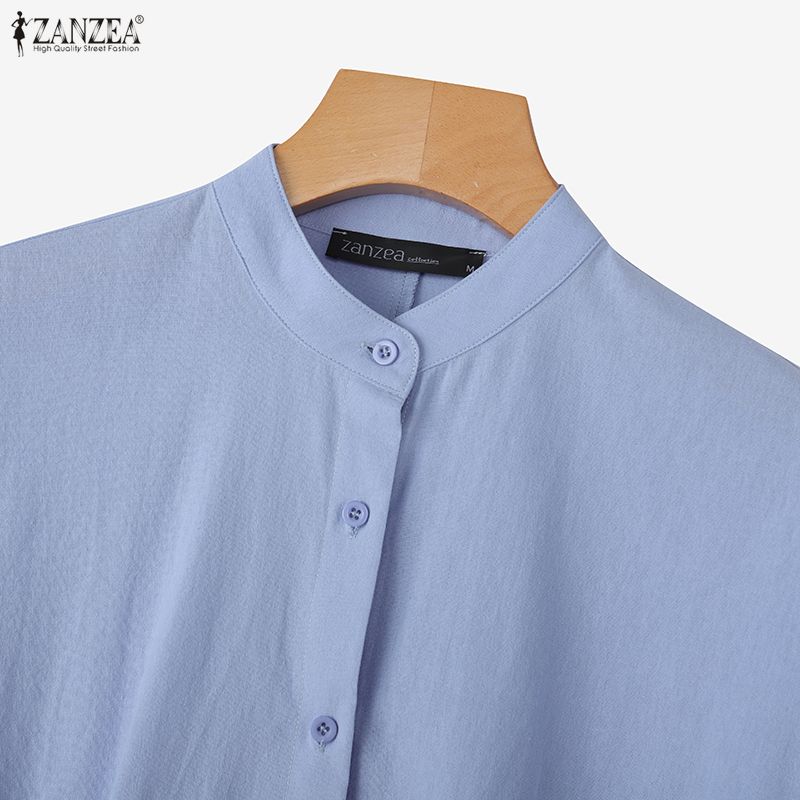 ZANZEA Women Casual Round Neck Solid Color Loose Long Sleeve Cotton Blouse