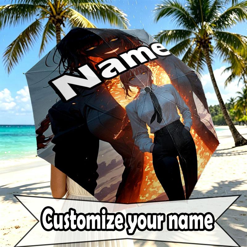 Custom Name Personalized Makima Chainsaw Man Print Umbrella, Auto Open Close, 8‑Rib Sturdy Frame, Commute Camping Hiking Use, Birthday Gift