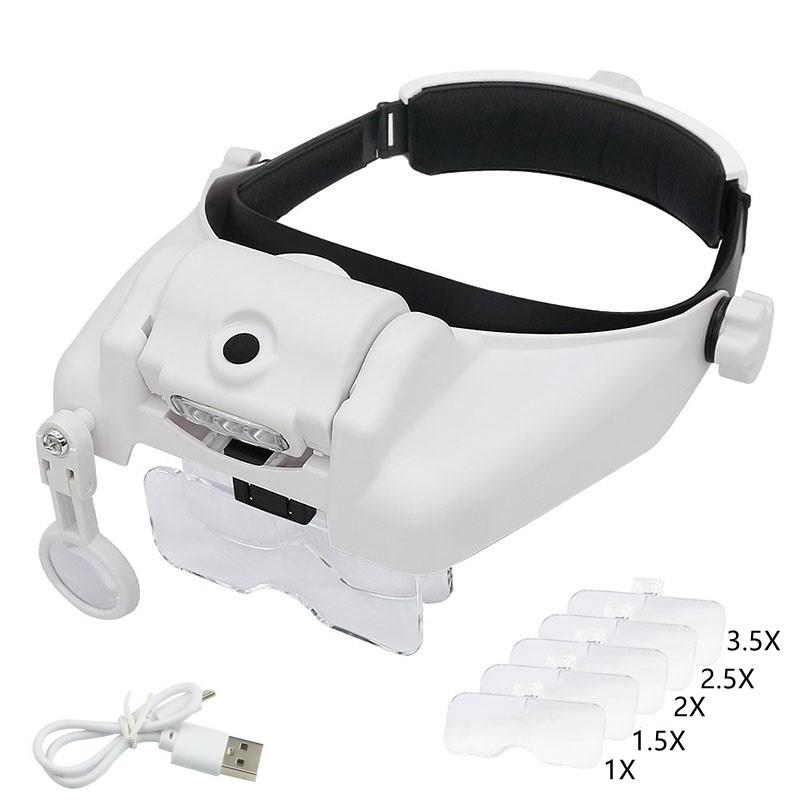 Headband Illuminated Magnifier Rechargeable Repair Solder Magnifying Glasses Interchangeable Lens Third Hand Loupe For Soldering