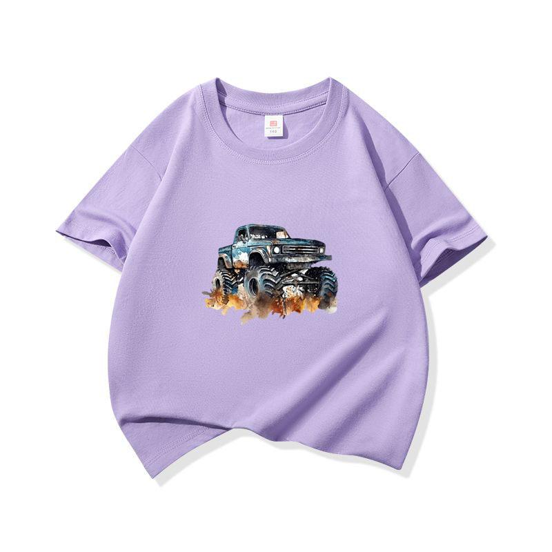 Kids Cotton T Shirt Trendy Watercolor Offroad Car Print Crew Neck Short Sleeve Tee Casual Boys Girls Summer Tops