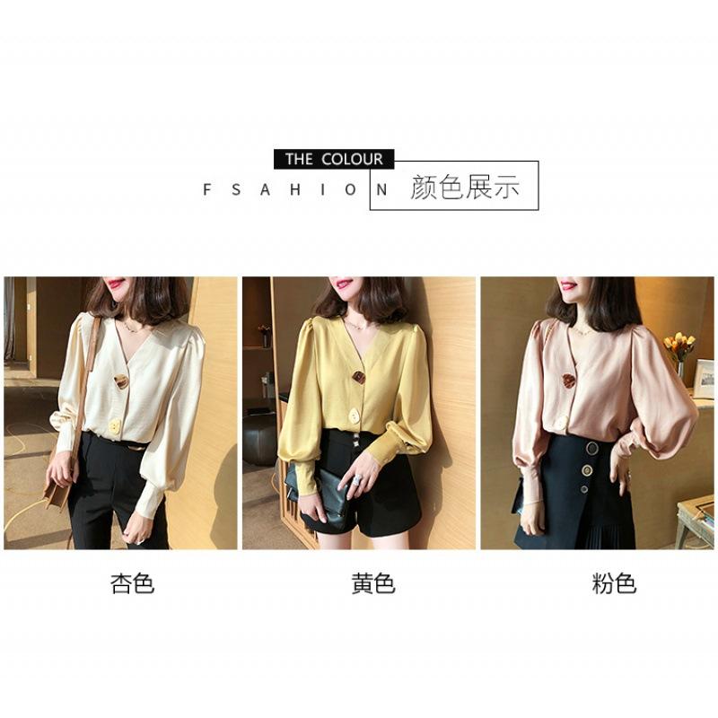 Shirt Women's Design Sense Niche 1116 New Retro Hong Kong Flavor V-neck Early Autumn Top Light and Ripe Lantern Sleeves