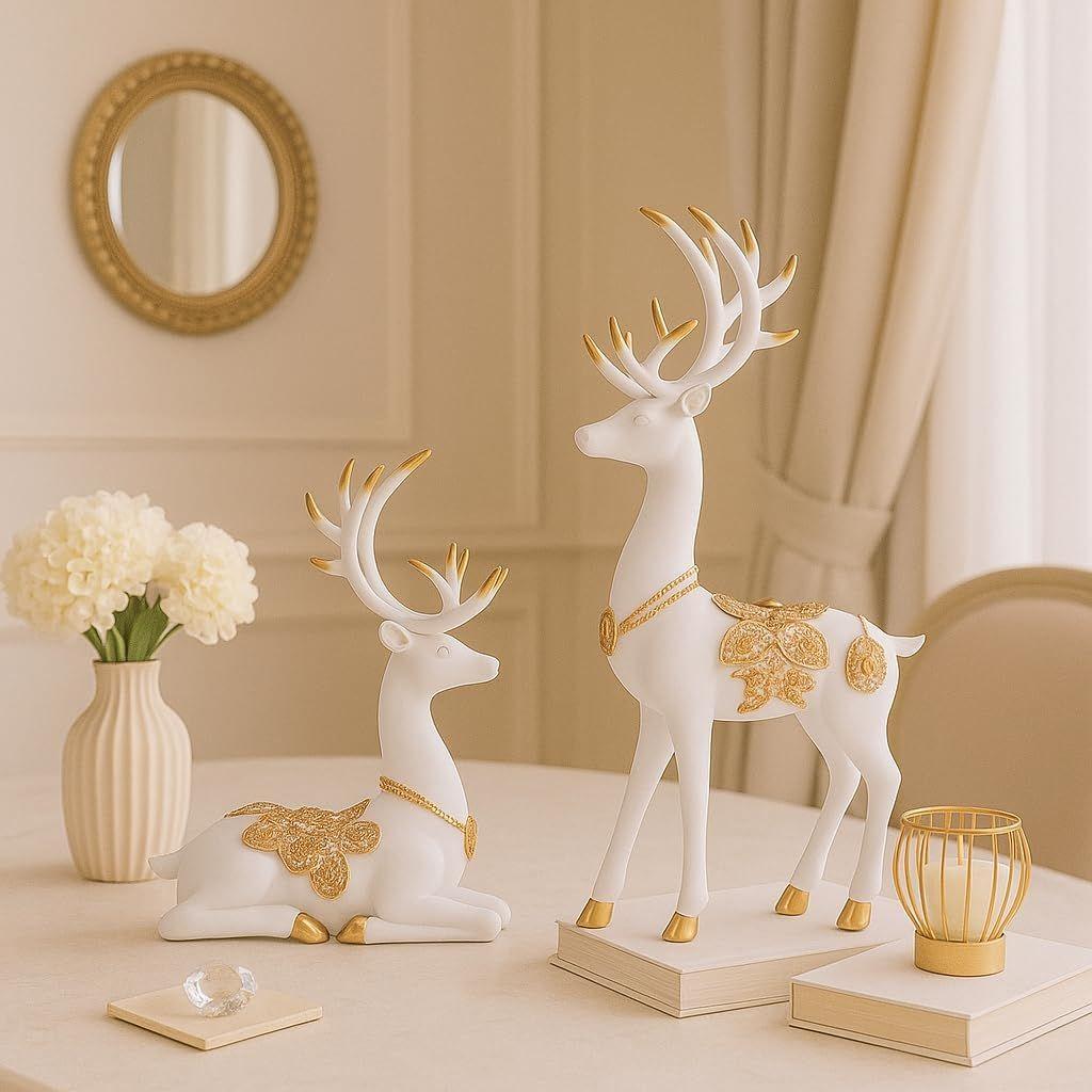 Kreative Harz Goldene und Weiße Rentier Skulpturen | Schöne Heimdekoration | Hebt die Energie Ihres Raumes (2er-Pack, Weiß)