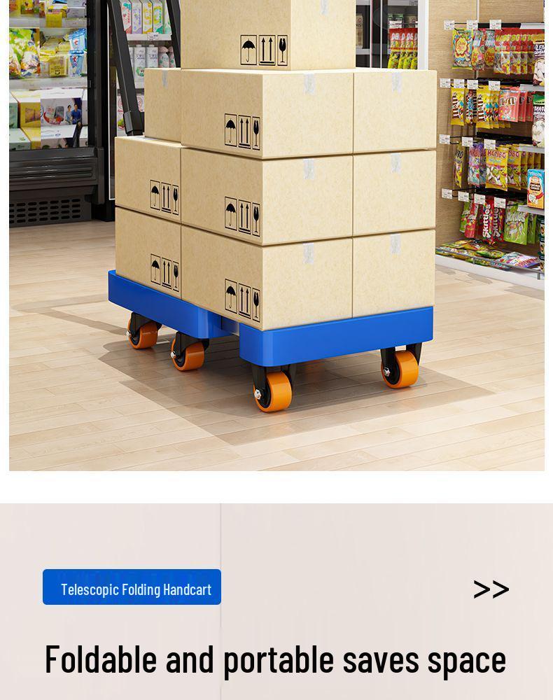 Foldable Retractable Pushcart: Portable Flatbed Cart with Drawbar for Hauling and Moving Goods.