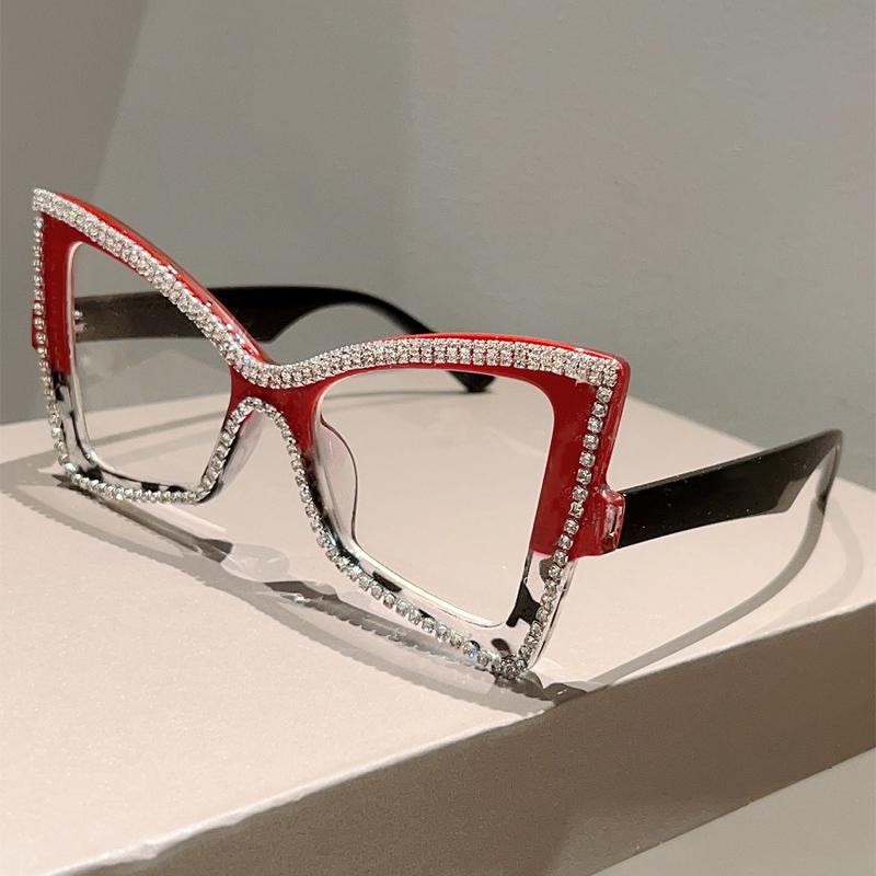 Trendy Retro Oversize Cat Eye Frame Women Crystal Shiny Decor Glasses Blue Light Blocking Ins Brand Design Eyewear