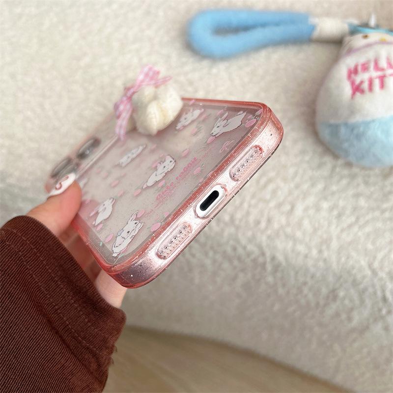 iPhone 17/16 Pro Max/15/14 Case - Glitter Flowers & Rabbits Design for Girls