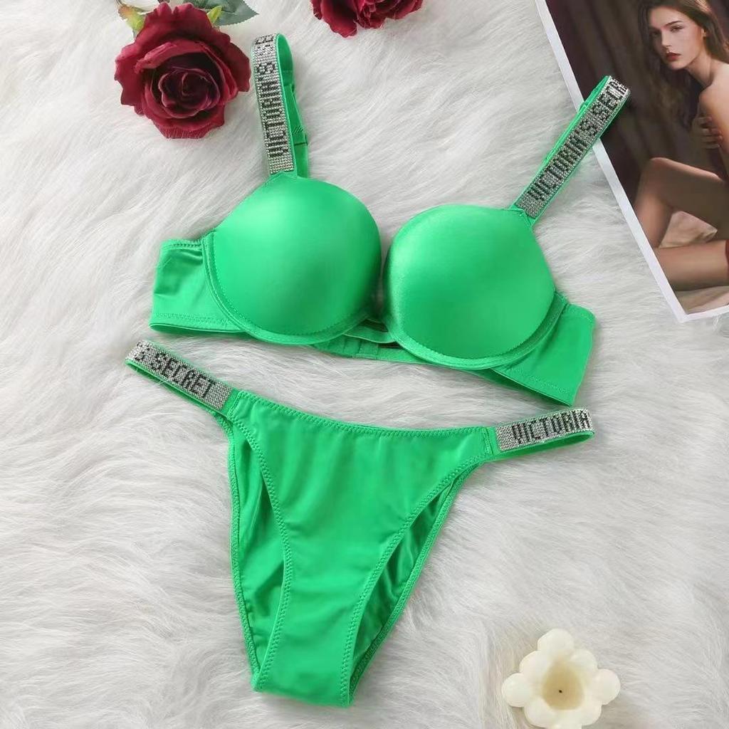 Plus Size European & American Light Luxury Diamond Strap Push-Up Bra & High Cut Panty Set
