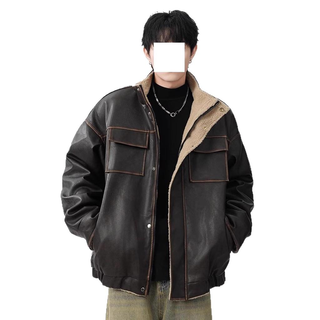 Unisex Retro Lambswool Leather Jacket - Trendy Autumn/Winter Workwear