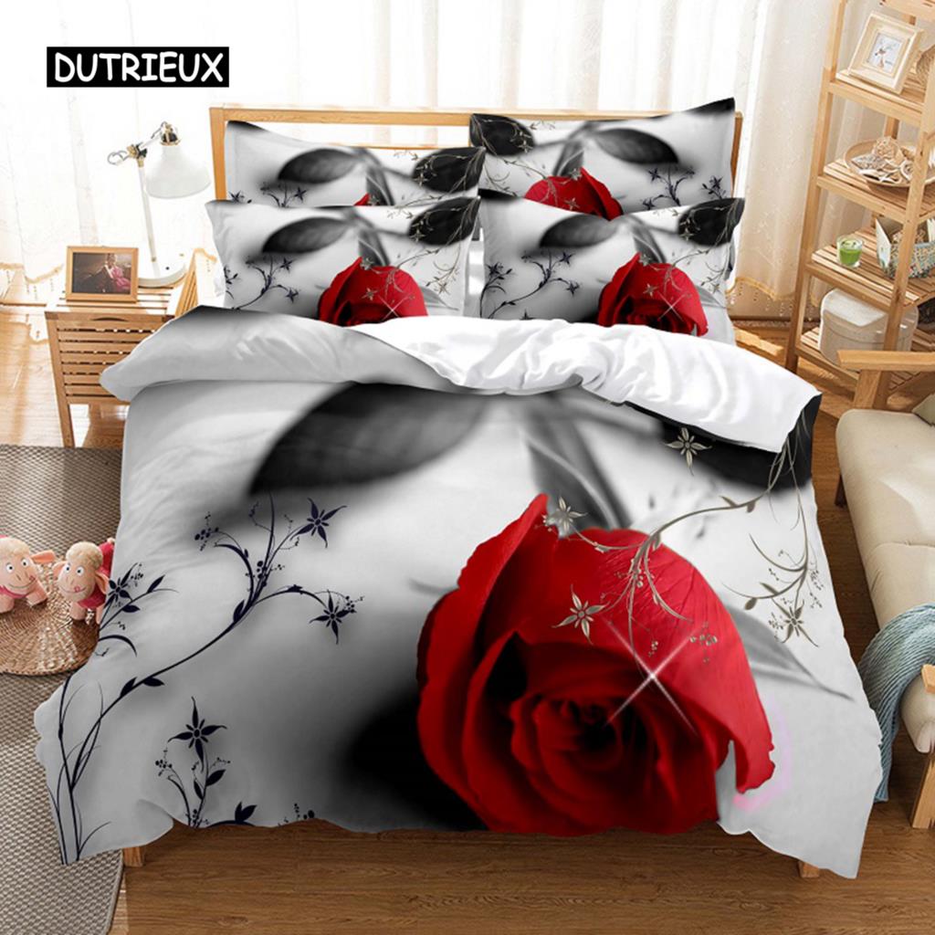 Povlečení červená růže Povlak na přikrývku/přikrývku Pouzdro na polštář 3D HD Double Full King Queen Twin Single 3/2KS Polyester Povlak na přikrývku