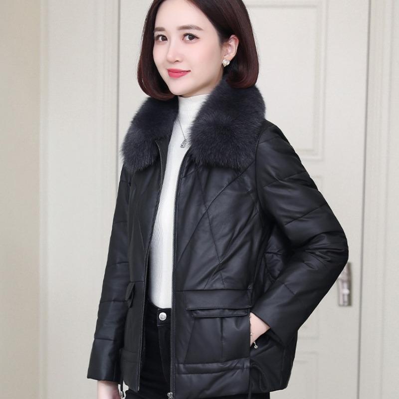 New leather jacket fox fur collar small thickened sheepskin leather down jacket women's fur short coat winter