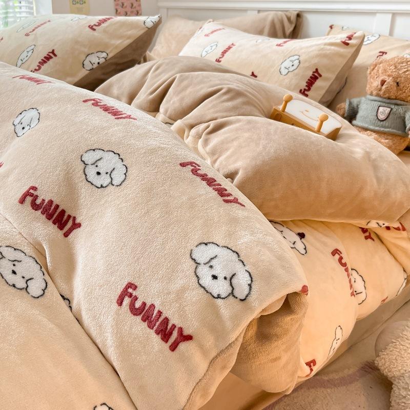 Thickened Milk Fleece Bed Four-Piece Coral Fleece Quilt Cover Double-Sided Flannel Fleece Bed Sheet Three-Piece Set
