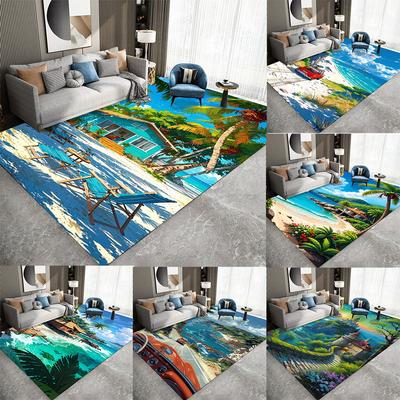 Teppich mit tropischer Strandszene, mit Palmen, Blumen, Oldtimer, Küstenstraße, Wasserkante, Hüttenmustern, Teppich für Wohnzimmerdekoration