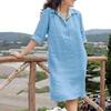 Summer Casual Soft A-line Midi Dress Women Lapel Knee Length Loose Three Quarter Sleeves Solid Color Spring Summer Dress