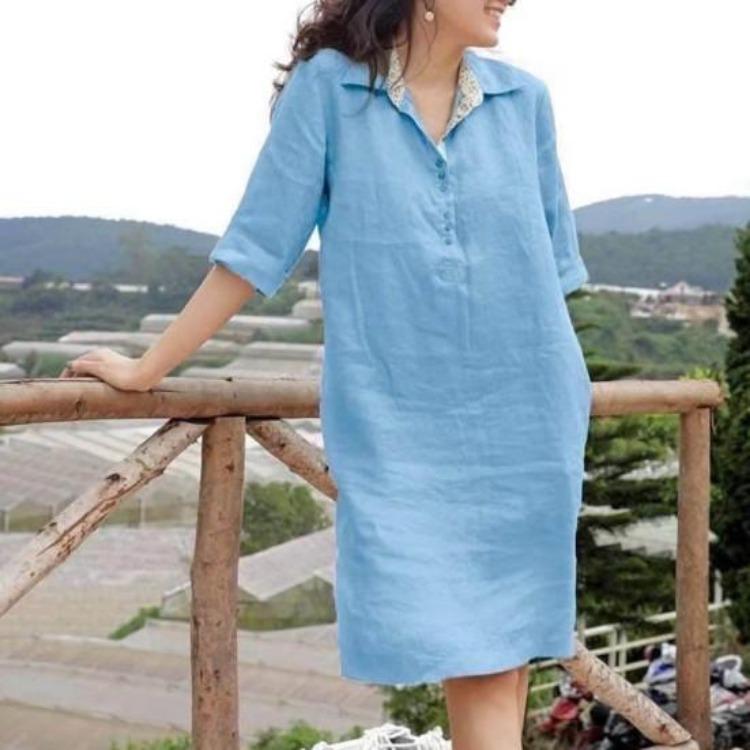 Summer Casual Soft A-line Midi Dress Women Lapel Knee Length Loose Three Quarter Sleeves Solid Color Spring Summer Dress