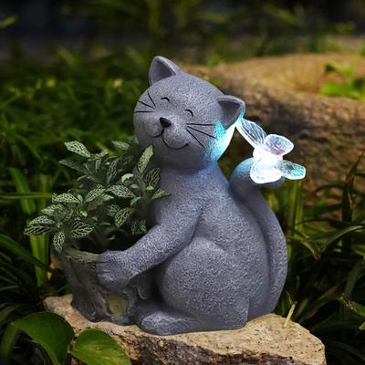 Gräsmatta Kattstaty Utomhus Solcellskattstaty med Led Fjäril Vattentät Planteringskruka Resin Kattungefigur Dekorativ för Veranda
