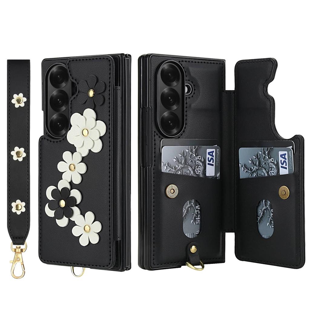 For Samsung Galaxy Z Fold 7 6 5 4 Case, Wallet with Card Holder,Cute Flower Design Crossbody Purse,Magnetic Kickstand Shockproof