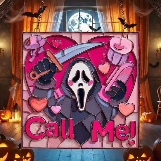 Pink Ghost Suncatcher Halloween Stained Glass Scream Ghost Decoration Acrylic Window Hanging Ornament for Home Office Kitchen Living Room Wall Decor