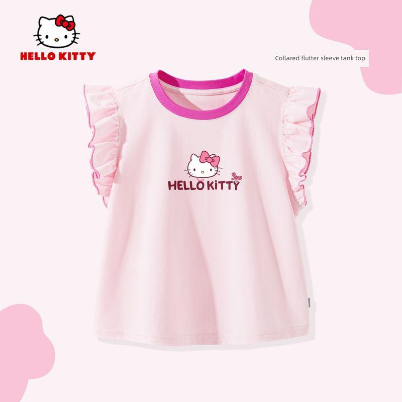 My Melody Girls' Flutter Sleeve T-Shirt Summer 2026 New Pink Children's Round Neck Top Cute Baby Girl Vest