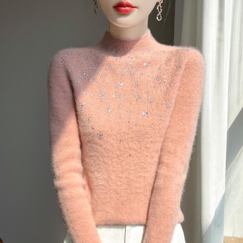 2025 Autumn/Winter Women's Rhinestone Ribbed Knit Sweater: Stylish Long-Sleeve, Half-High Neck, Loose Fit.