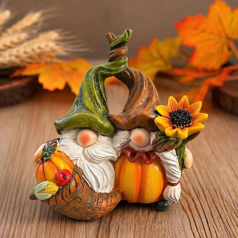 Holiday Table Accent for Thanksgiving, Small Dwarf Figurine with Gourd Body and Flower Trim for Shelf, Book Shelf or Entry Display, Approx. 4.5 x 4.5
