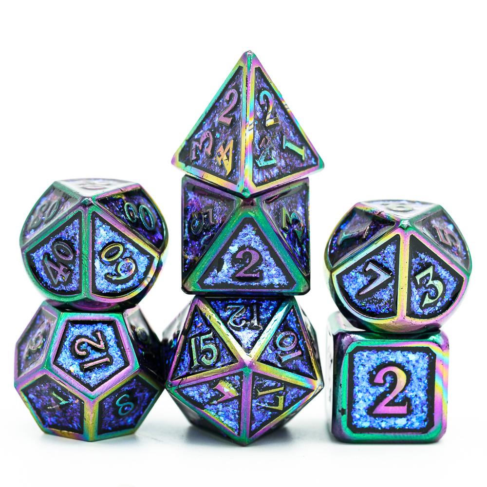 Cusdie Metal Glitter Dices DND 7Pcs Frame Solid D&D Dice D4-D20 Polyhedral Dice Set for Role Playing Game Pathfinder TRPG