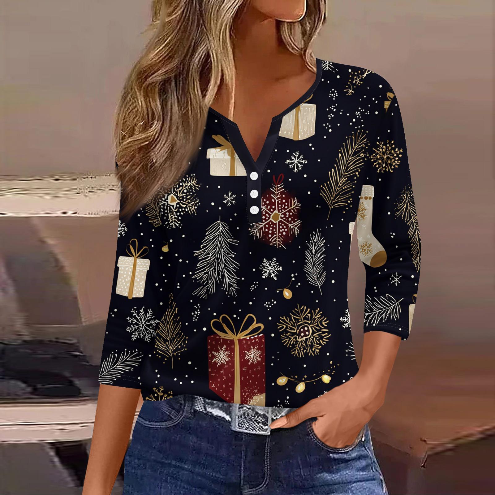 

Женская модная повседневная футболка с принтом рождественской елки, V-образным вырезом, декоративными пуговицами и рукавом три четверти L