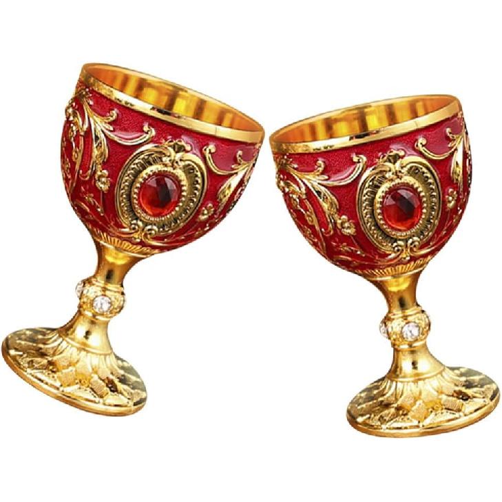 Amosfun 2.7 Inch Retro Goblets Metal Wine Cups Royal Chalices Medieval European Style Embossed Drinking Cups Party Favors 30ml Red