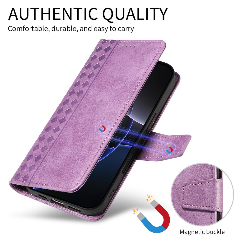 For Samsung Galaxy A56 5G/M56 5G Leather Case Wallet Stand Grids Imprinted Phone Cover with Strap