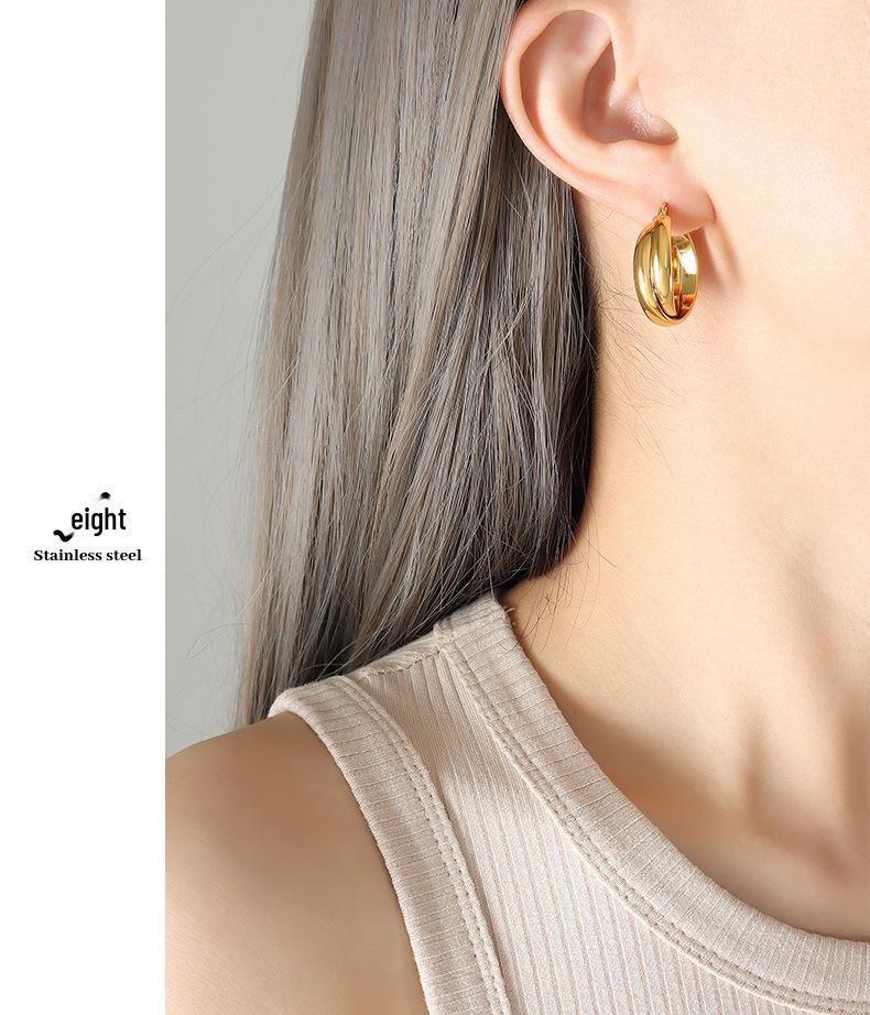 European & American Cold Style Double U-Shaped Titanium Steel Earrings, 18K Gold Plated, Women's Personality, Hong Kong Temperament - F375