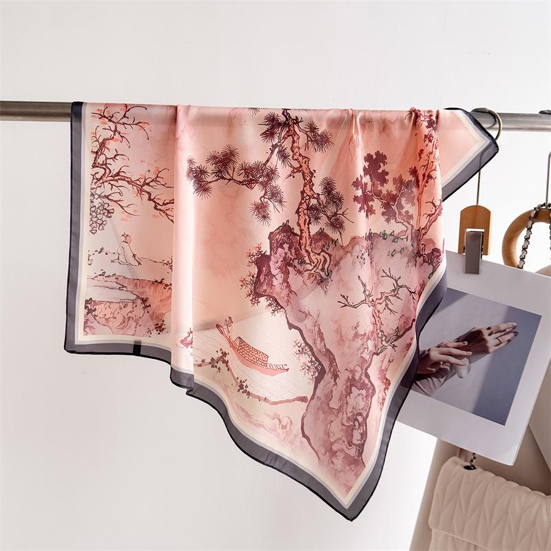 

70 см Маленький квадратный шарф Шарф из искусственного шелка Головной платок Весенне-летний шарф с принтом в виде пейзажа тушью Шарф Профессиональный Универсальный шарф 70*70cm