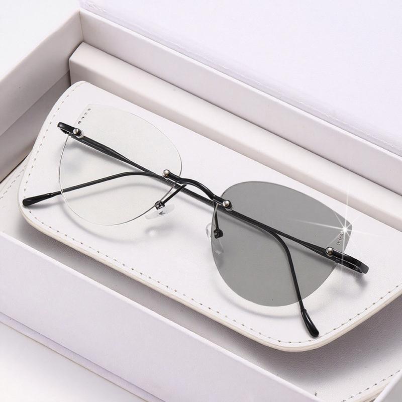 High Quality Frameless Photochromic Myopia Glasses All Titanium Ultra Light Cat Eye Anti Blue Light Glasses Diopter To -4.0