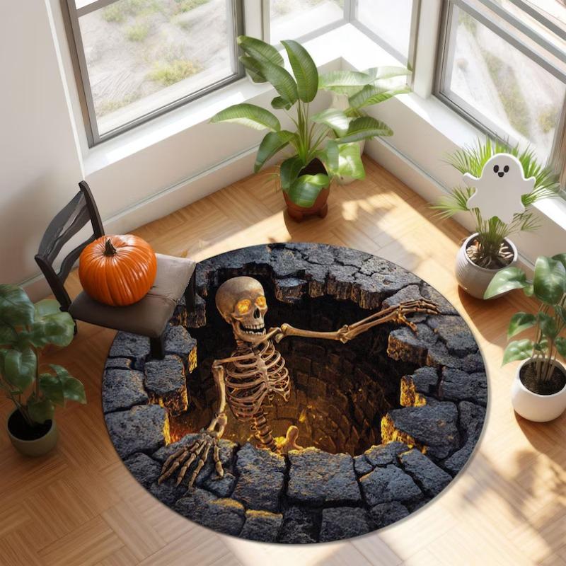 Dark Fantasy Circle Rug Glowing Skeleton Emerging From Cracked Stone Round Carpet Gothic Horror Decor Bedroom Game Room Floors