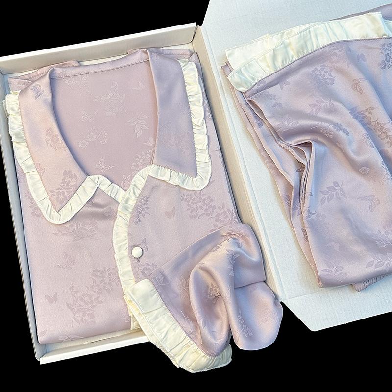 French Sweet Wind Floral Ice Silk Long-Sleeved Pajamas Women'S Spring And Autumn Ruffle Leaf Loungewear Set
