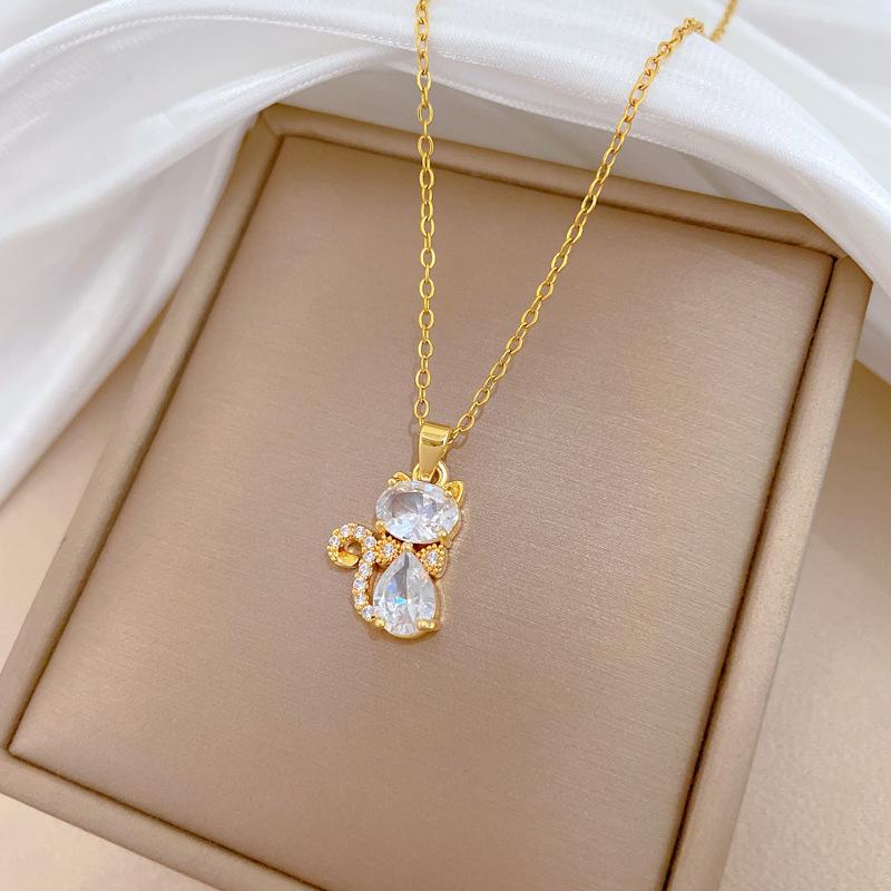 Zircon Cat Fashion Light Luxury Temperament Gorgeous Full Diamond Necklace Female Versatile Collarbone Chain Titanium Steel Chain
