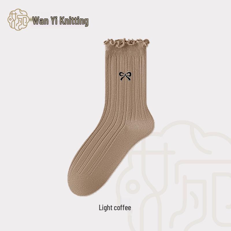 

Japanese Style Women s Cotton Mid-Calf Socks - Bow Lace, Solid Color, Wood Ear Edge, Spring/Autumn, Korean Look One Size света кофе