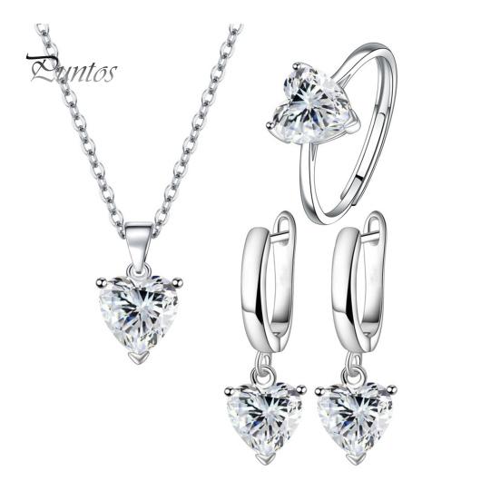 

3 шт./комплект женские ювелирные изделия комплект сердечек кубический цирконий серьги хагги регулируемое ожерелье невесты кольцо выпускной вечер свадьба ювелирные изделия белый