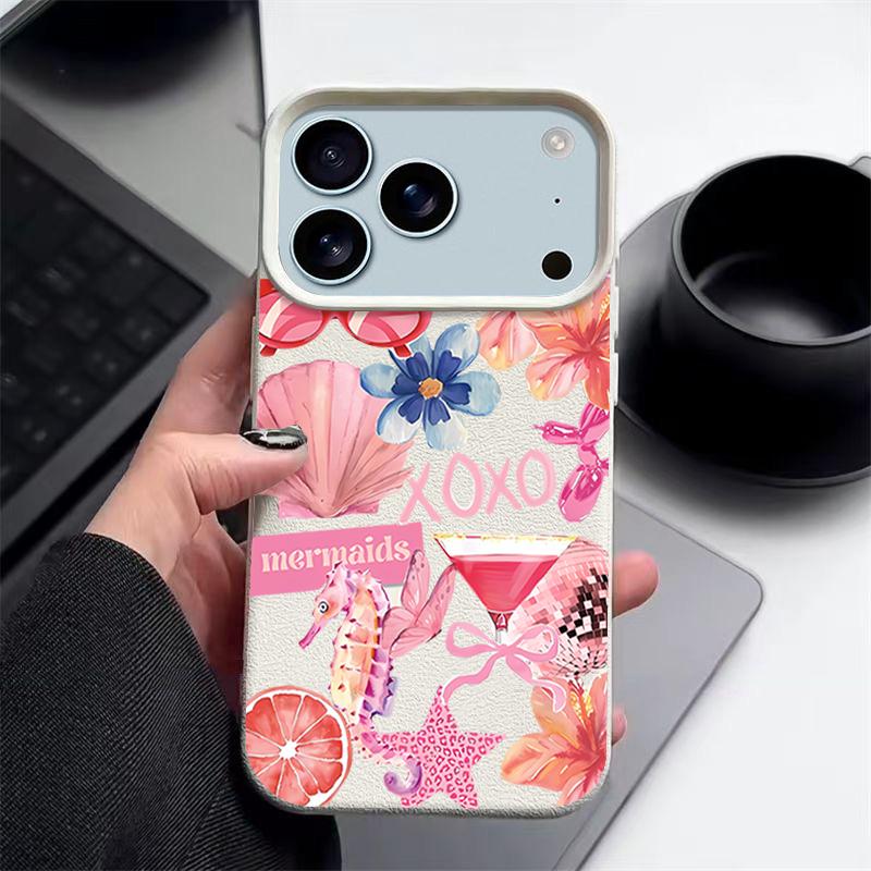 For iPhone 17 Pro Max Case Luxury Pink Cartoon Floral Pattern Leather Texture Silicone Cover For iPhone 16 Pro Max 15 14 13 12 11 16E Air