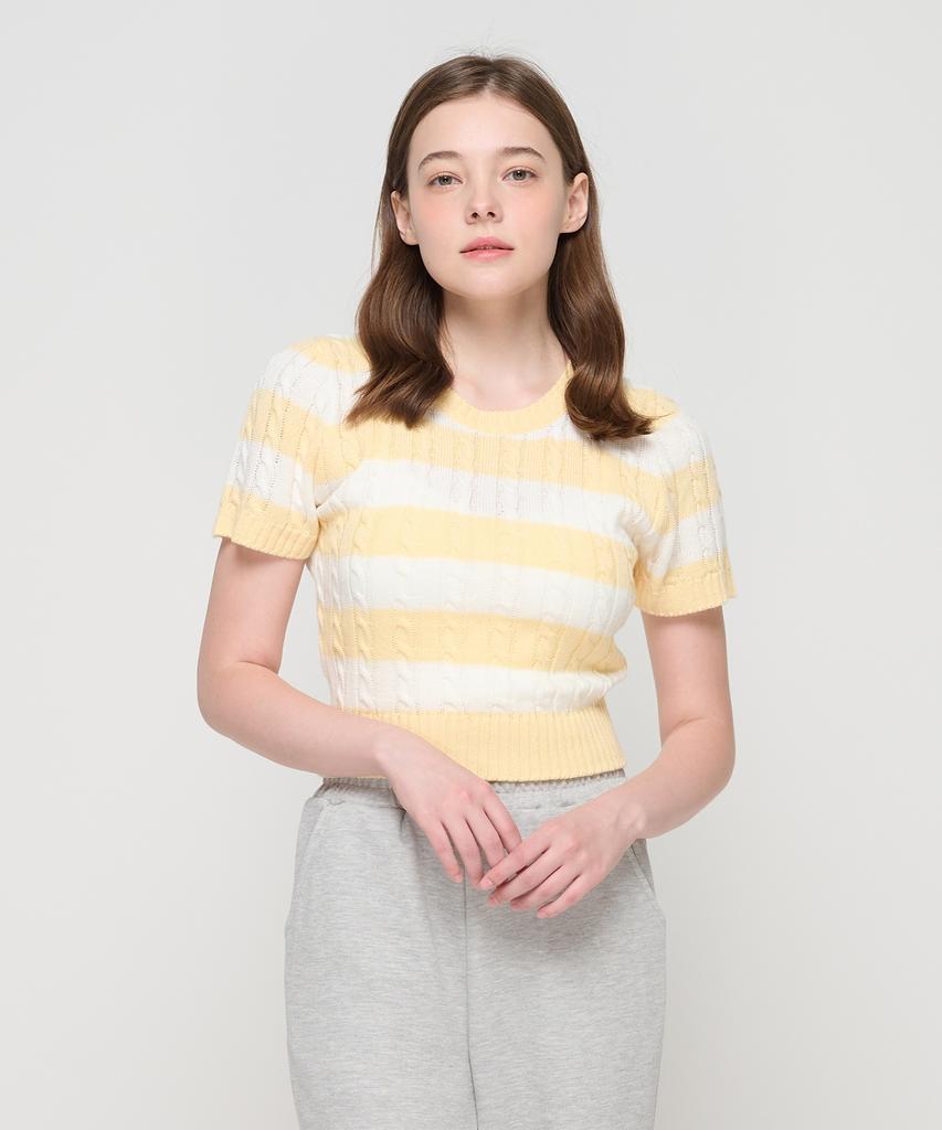 ROIDESROIS Striped Cable Knit Short Sleeve Slim Knit (Yellow)
