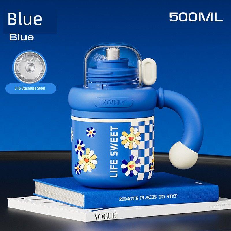 

Women s High-Looking Sunflower Large-Capacity Thermos Cup with Handle and Straw Cup, 316 Stainless Steel Car Water Cup Blue-500Ml Single Cup