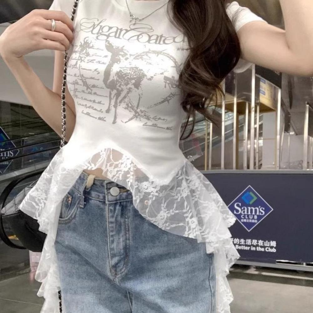 T-skjorte med fransk blonde og korte ermer for kvinner Ny sommer Slim fit Topp med bokstavtrykk