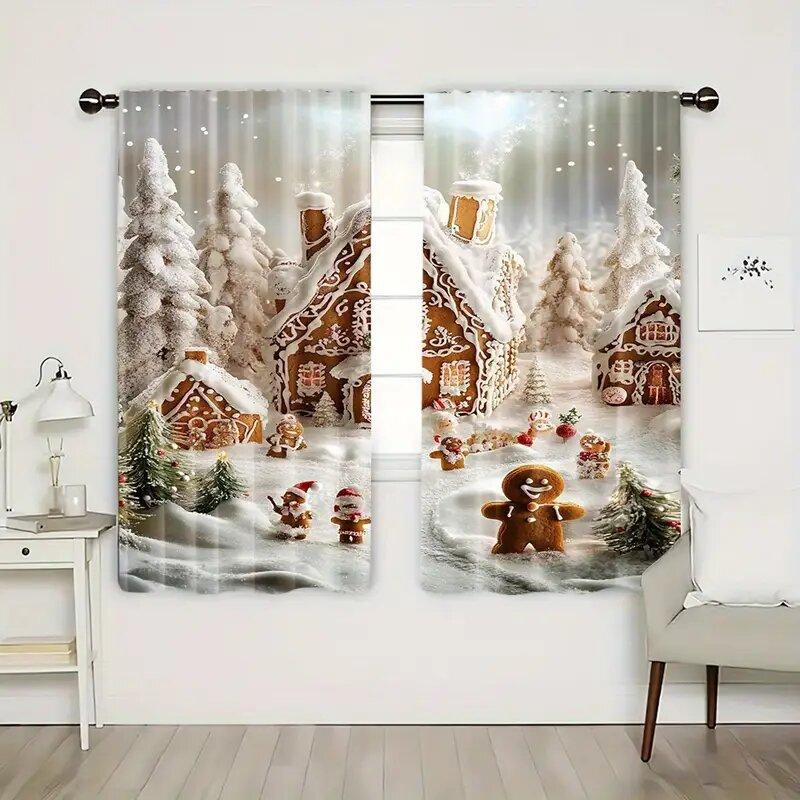 Christmas Curtains Holiday Snow Scene Gingerbread Man Printed Home Decorations Room Curtain Set Of 2 Made Polyester Washable