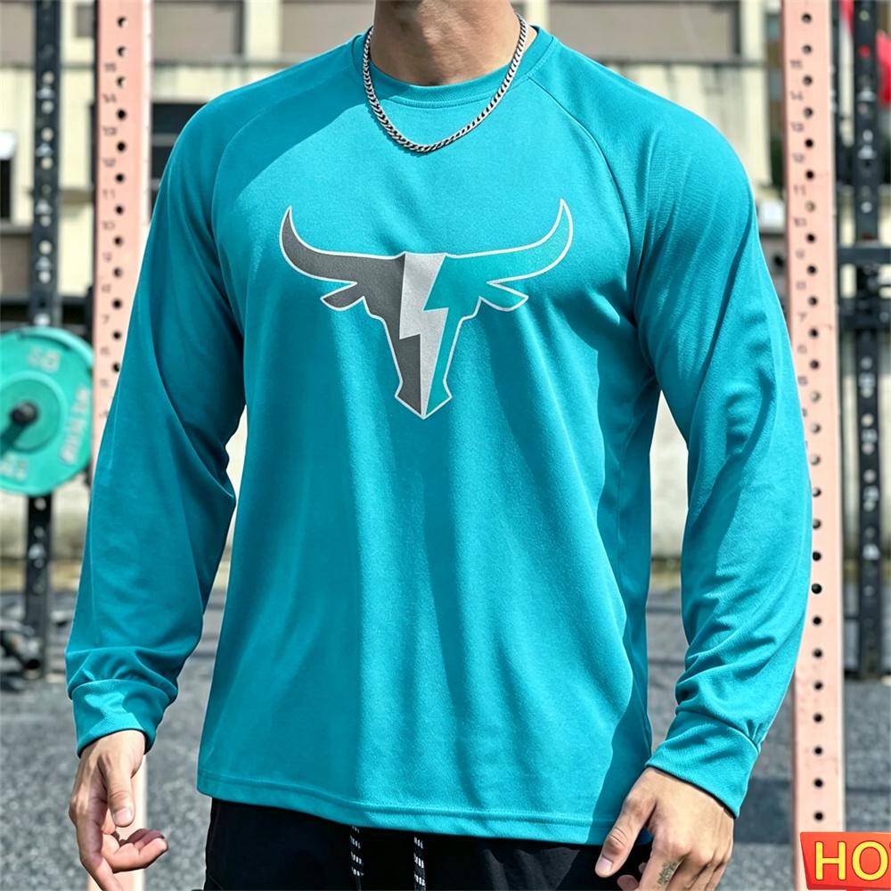 Autumn Men's Long sleeved T-shirt OX Head Men's Fitness T-shirt Polyester Elastic Sports T-shirt Breathable Graphic Gym T-shirt top