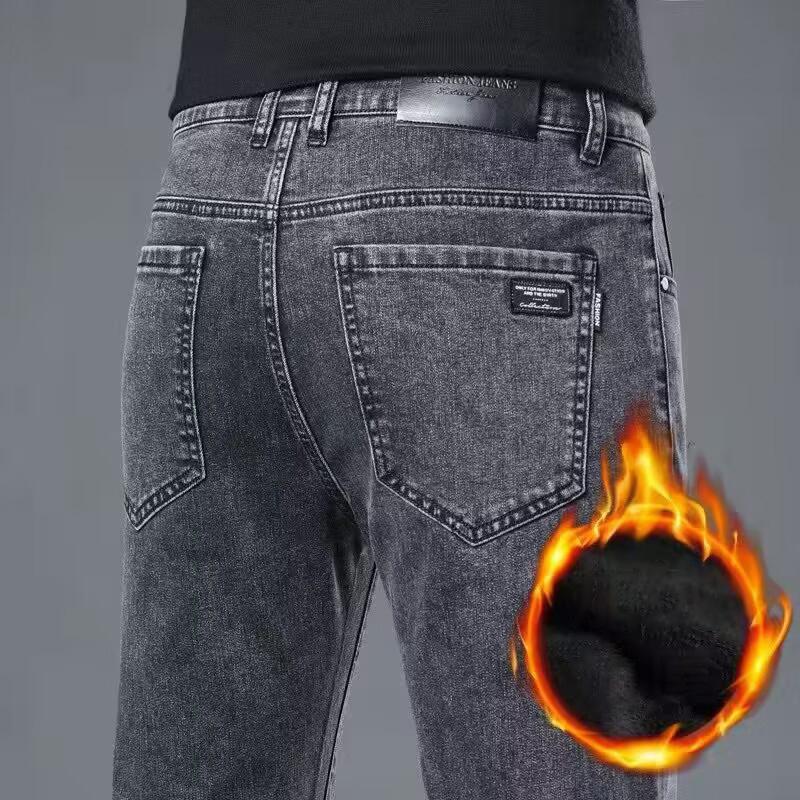 Autumn And Winter New Men'S Velvet/Regular Jeans Slim Fit Small Straight Tube Middle Waist Elastic Black Comfortable Soft Fit Men