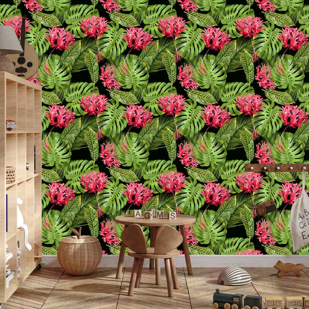 Tropical flowers with leaves wallpaper for living room and bedroom 50x1000