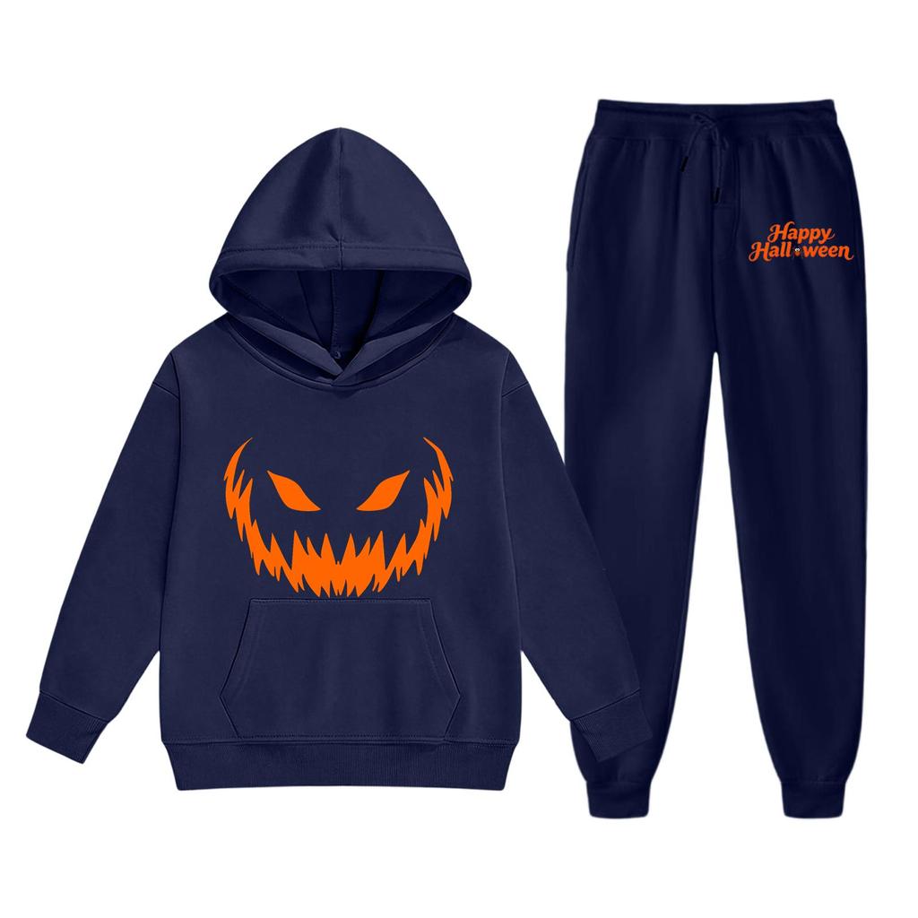 Kids Halloween Hoodie Set with Pumpkin Face Print Long Sleeve Pullover Top and Matching Pants Comfortable Fit for Boys and Girls