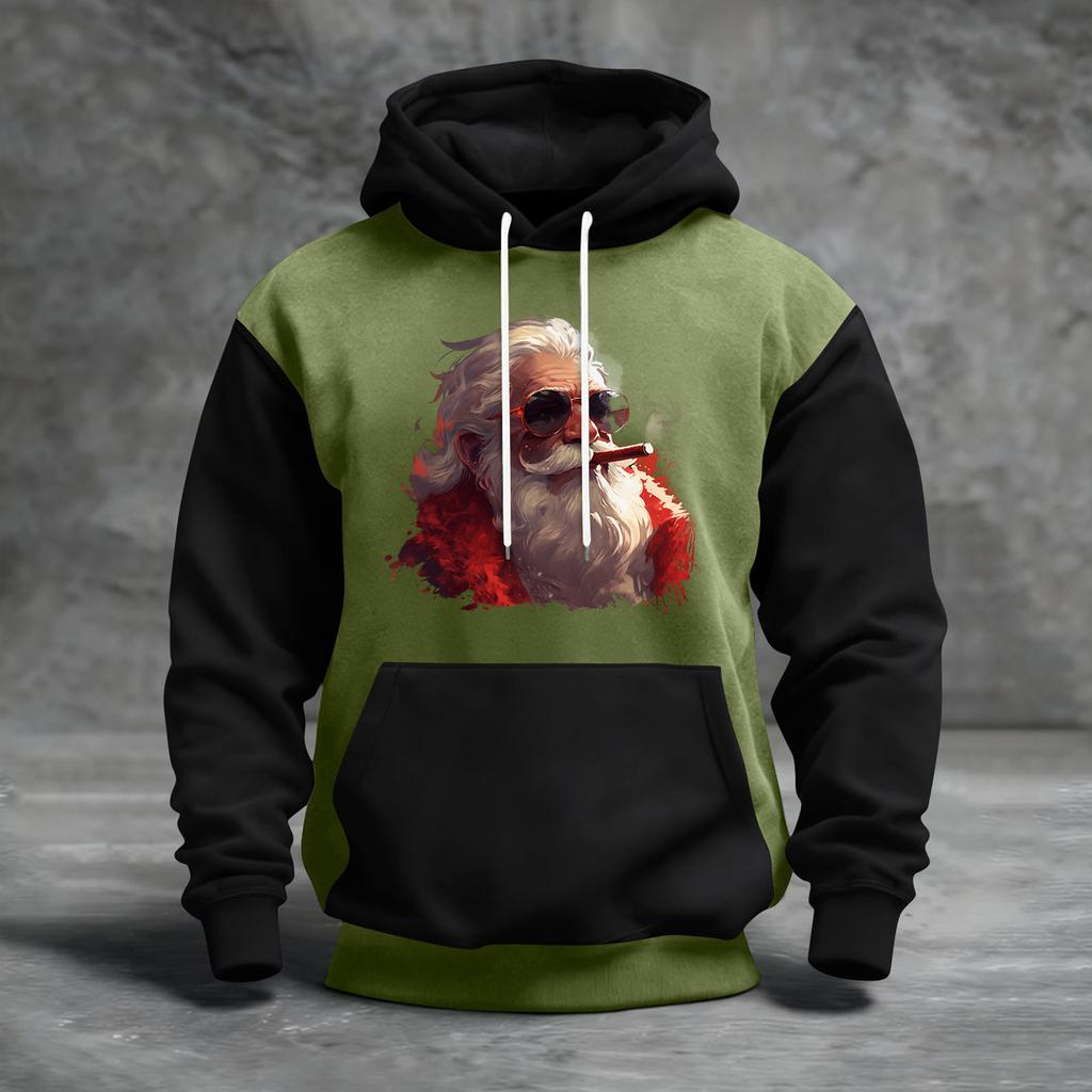 Чоловічий худі з різдвяним принтом, кольоровий блок, повсякденний спортивний комфортний світшот